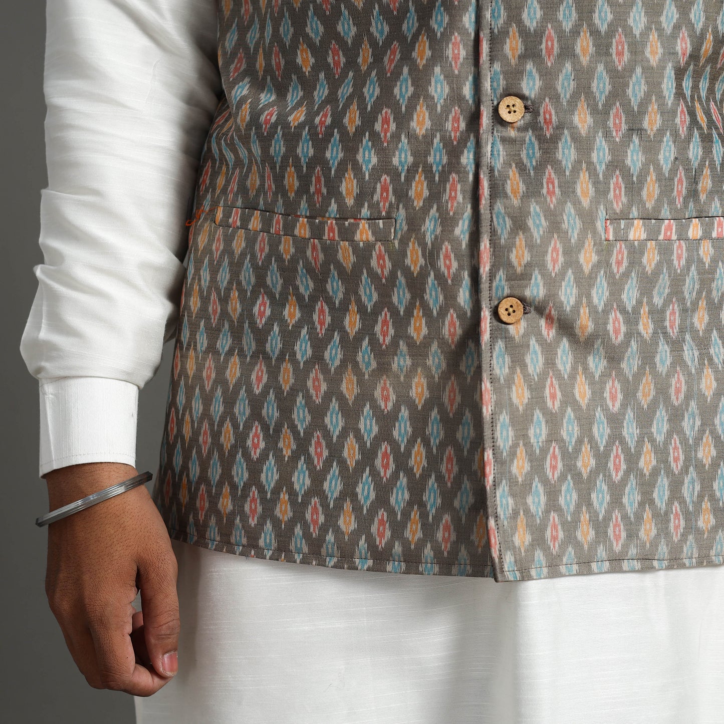 Grey - Silk Cotton Handwoven Pochampally Ikat Nehru Jacket 13