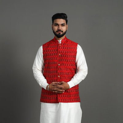 Red - Silk Cotton Handwoven Pochampally Ikat Nehru Jacket 12