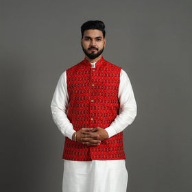 Buy Red Silk Cotton Handwoven Pochampally Ikat Nehru Jacket