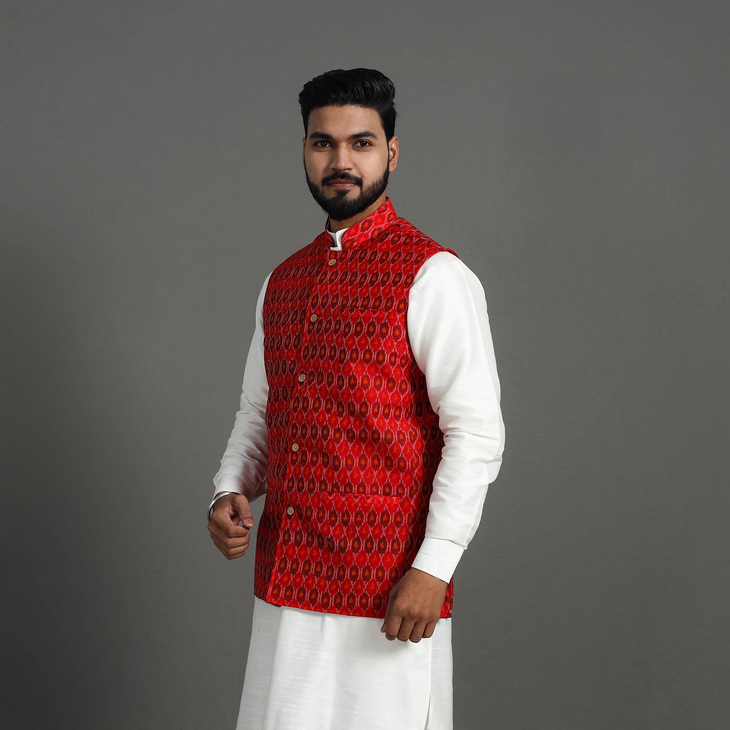 Red - Silk Cotton Handwoven Pochampally Ikat Nehru Jacket 12