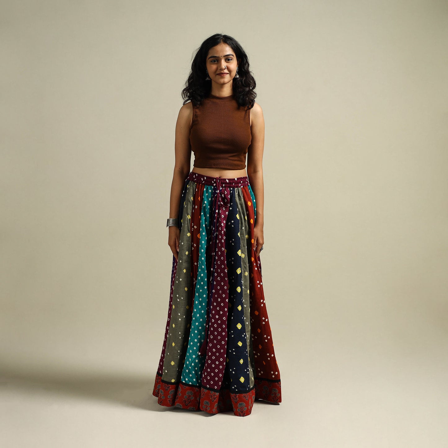 Multicolor - Bandhani Tie-Dye 24 Kali Patchwork Cotton Long Skirt 07