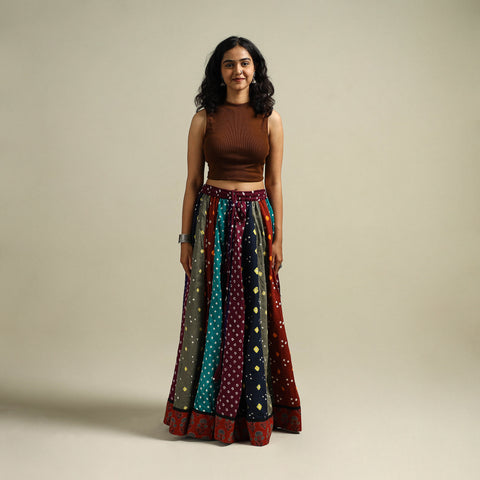 Multicolor - Bandhani Tie-Dye 24 Kali Patchwork Cotton Long Skirt 07