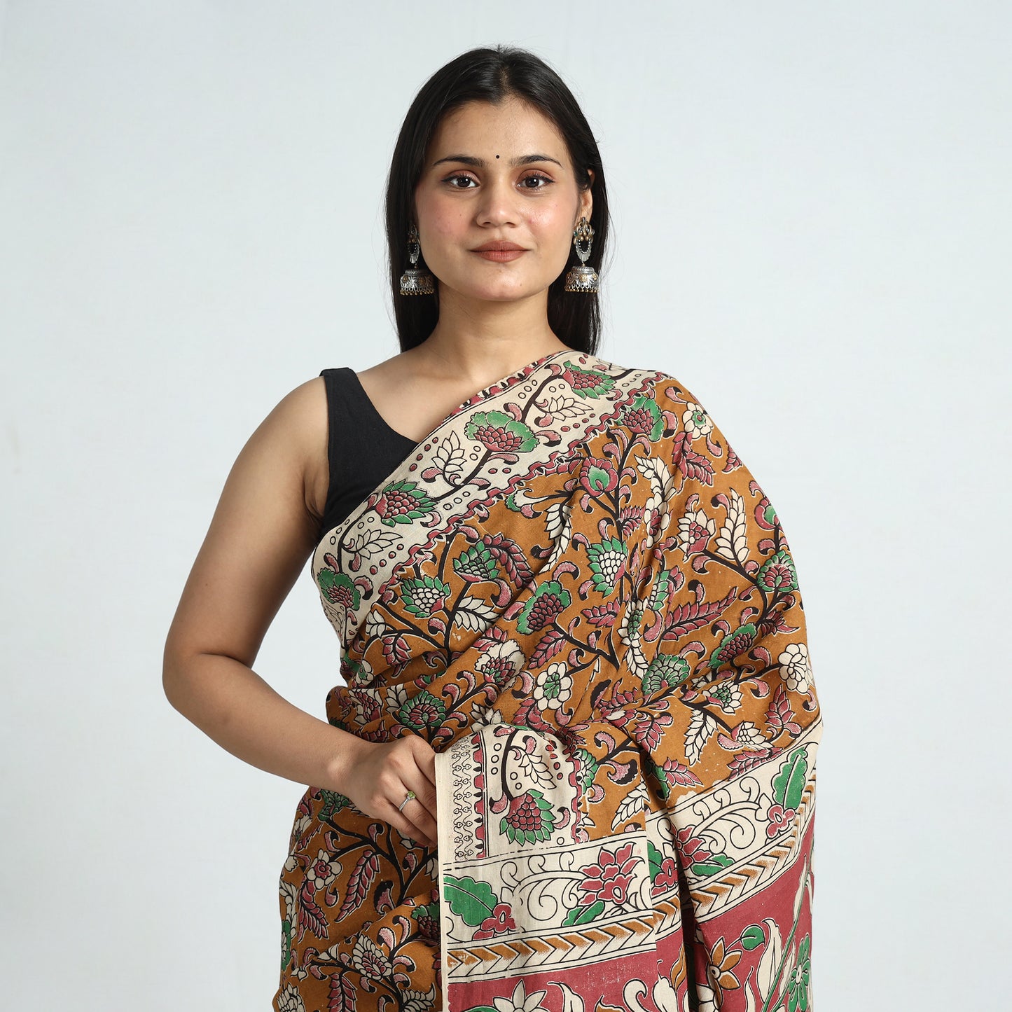 Brown - Kalamkari Printed Cotton Saree with Blouse Piece 01