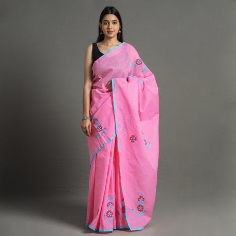 Pink - Applique Patti Kaam Pure Cotton Saree from Rampur 14