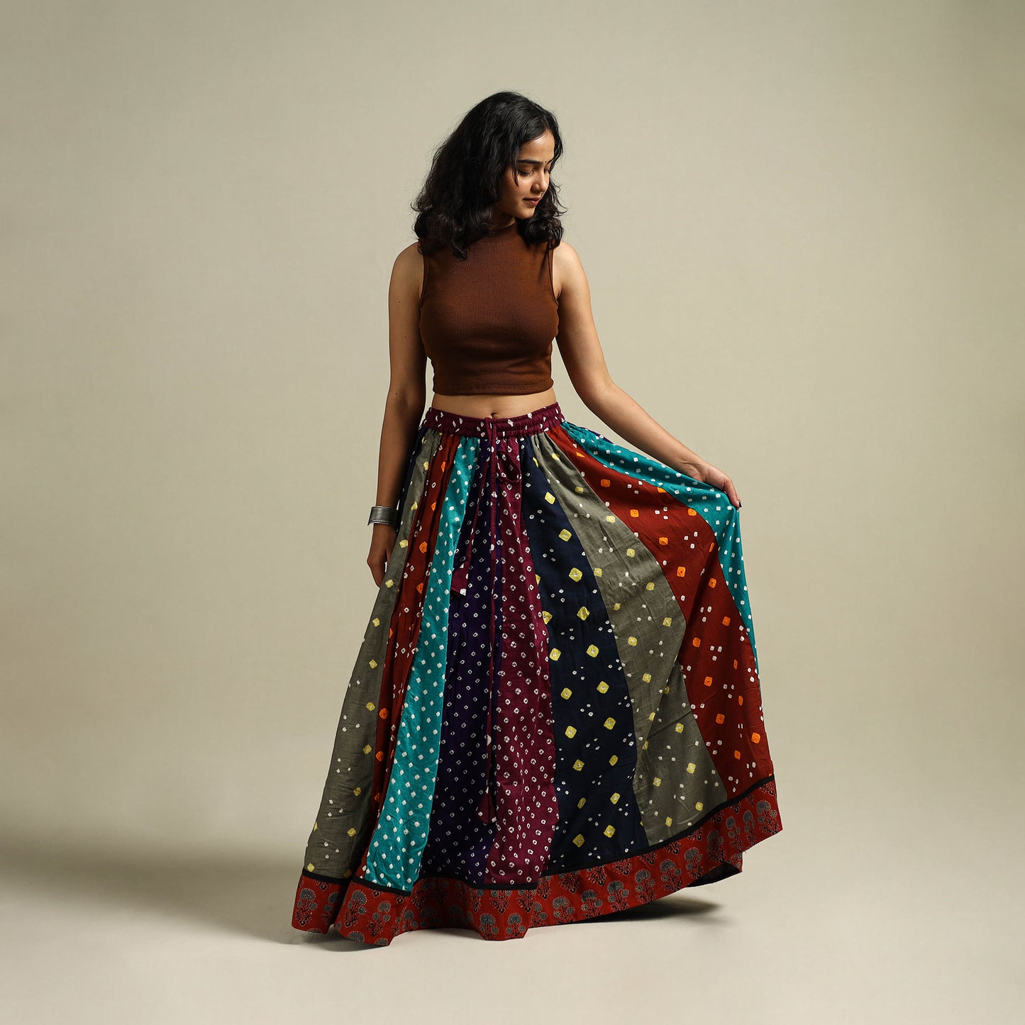 Multicolor - Bandhani Tie-Dye 24 Kali Patchwork Cotton Long Skirt 07