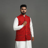 Red - Silk Cotton Handwoven Pochampally Ikat Nehru Jacket 12