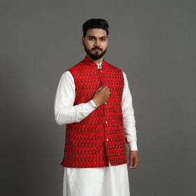 Buy Red Silk Cotton Handwoven Pochampally Ikat Nehru Jacket