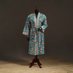 Green - Sanganeri Hand Block Print Waffle Weave Cotton Bath Robe 17