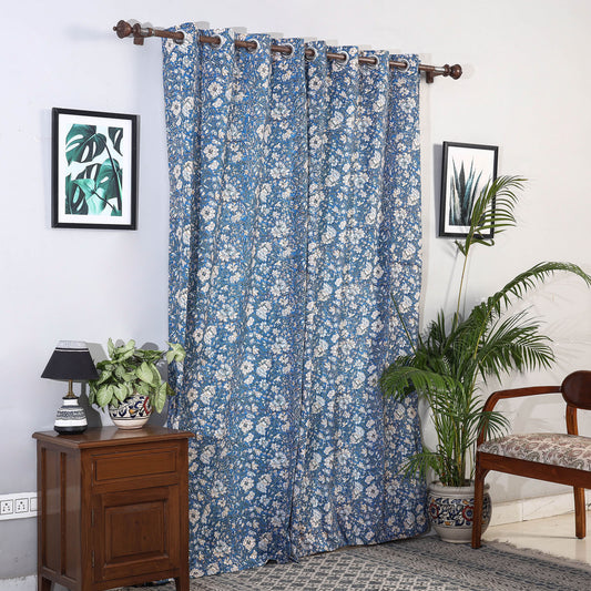 Blue - Sanganeri Block Printed Cotton Door Curtain (7 x 3 Feet) (Single Piece)