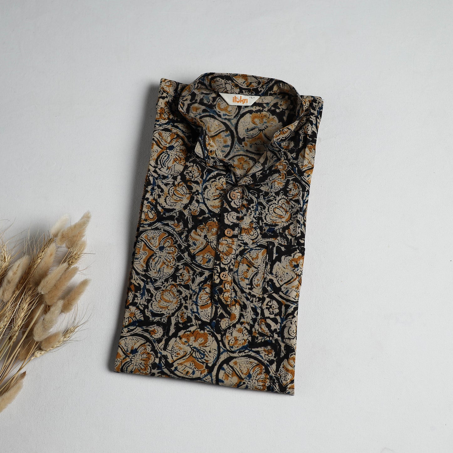 Hand Block Print Natural Dyed Cotton Short Kalamkari Kurta for Men 06