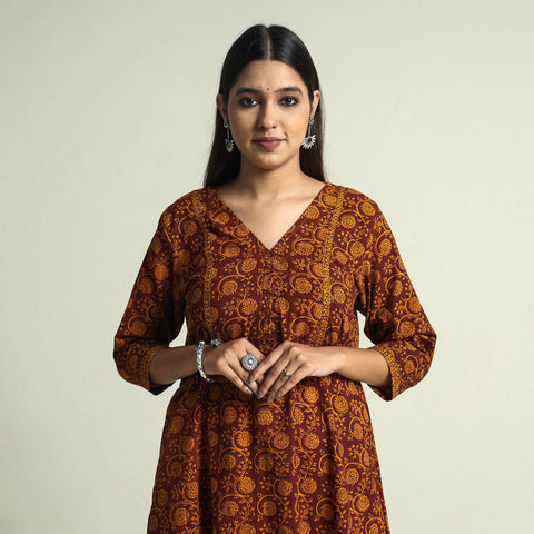 Buy Block Print Cotton A-Line Bagh Kurta For Women