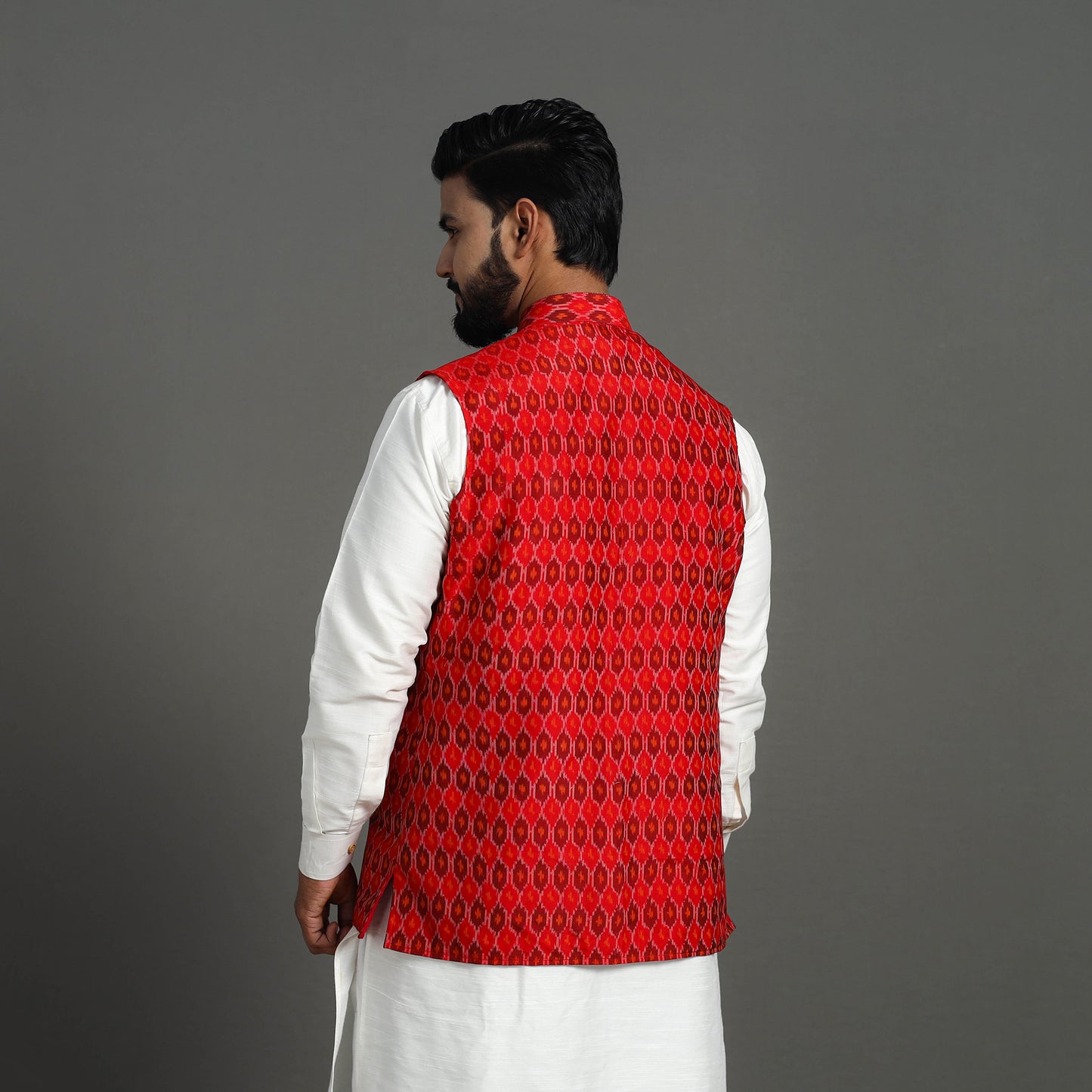 Red - Silk Cotton Handwoven Pochampally Ikat Nehru Jacket 12