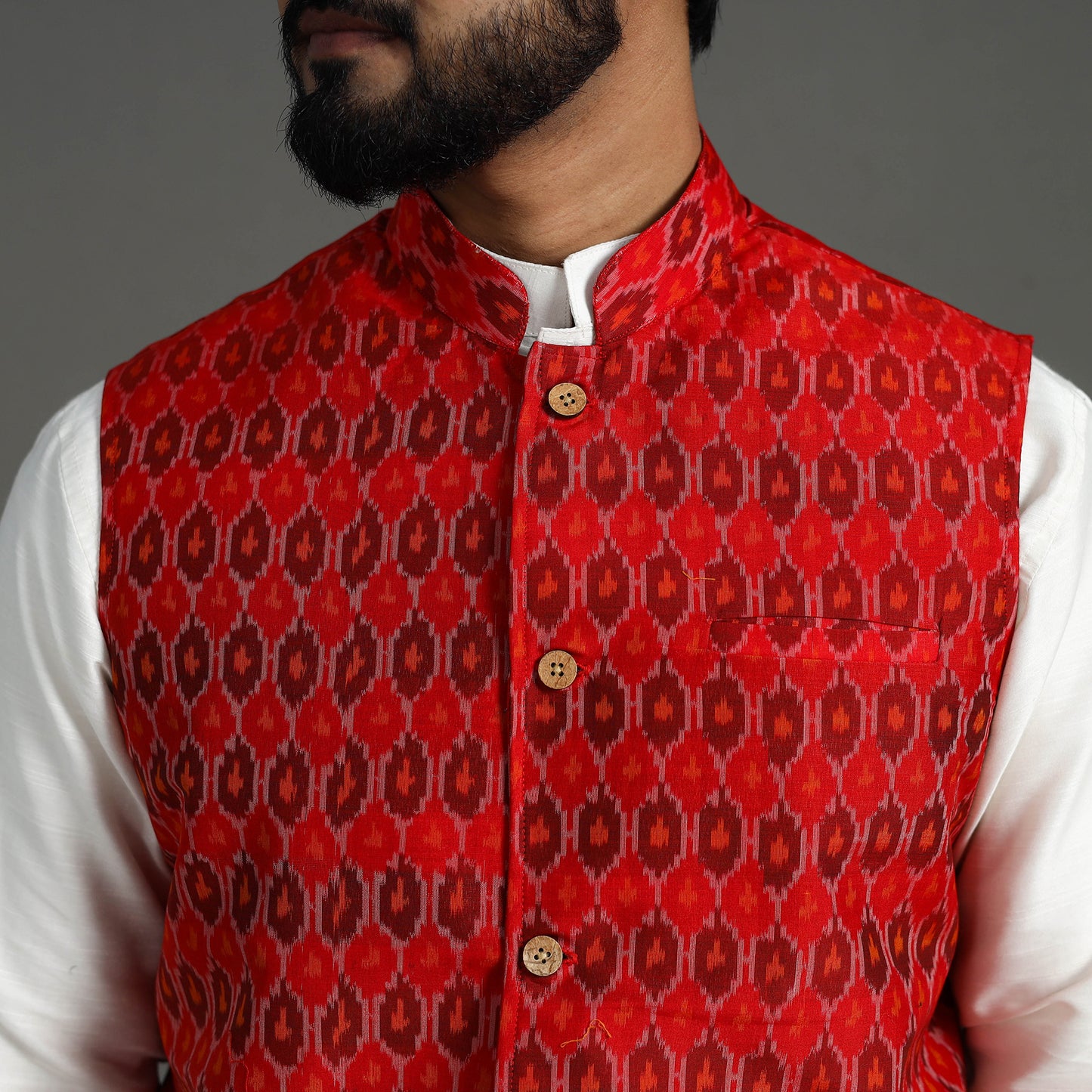 Red - Silk Cotton Handwoven Pochampally Ikat Nehru Jacket 12