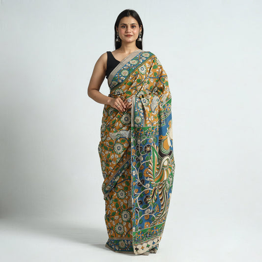 Yellow - Kalamkari Printed Cotton Saree with Blouse Piece 02
