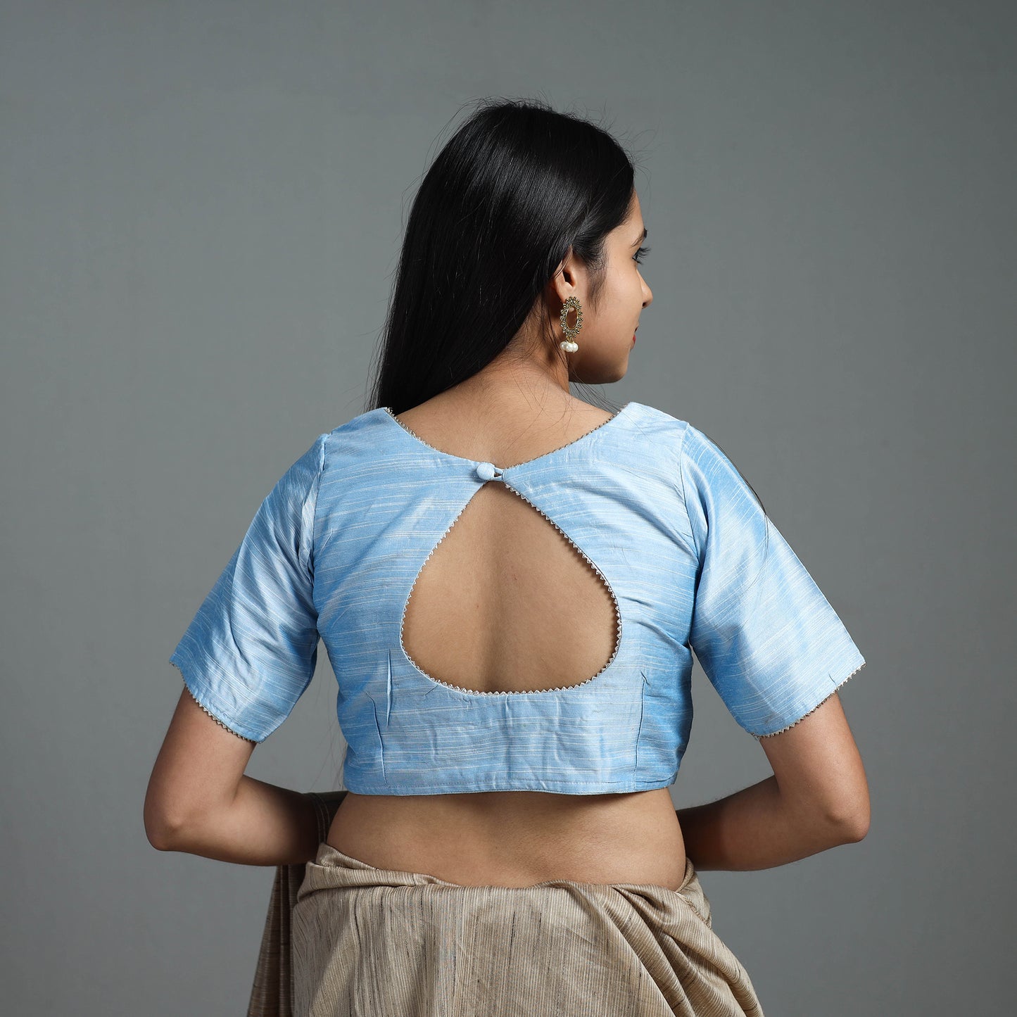 Sky Blue Gota Patti Slub Silk Plain Blouse Online