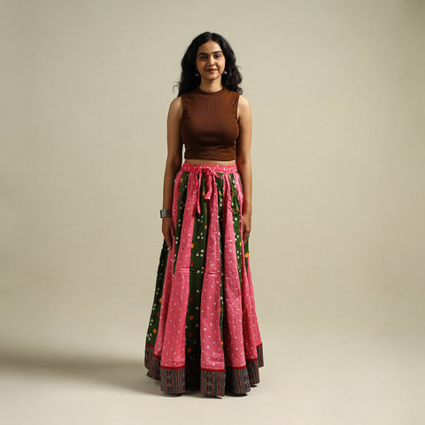 Multicolor - Bandhani Tie-Dye 24 Kali Patchwork Cotton Long Skirt 08