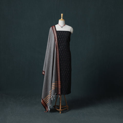 Pochampally Ikat Cotton Unstitched Dress Material: Kurta & Dupatta with Jewellery 02