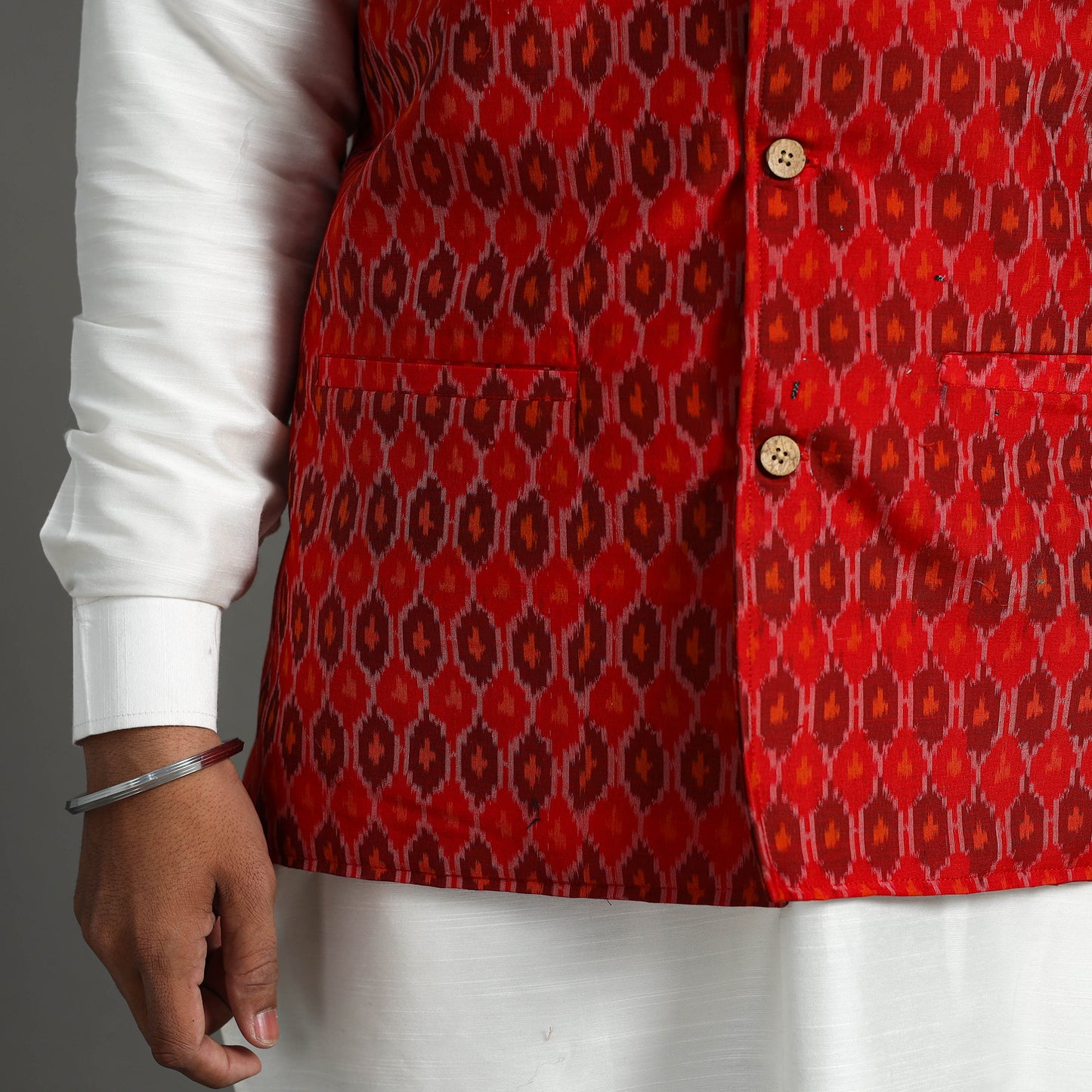 Red - Silk Cotton Handwoven Pochampally Ikat Nehru Jacket 12