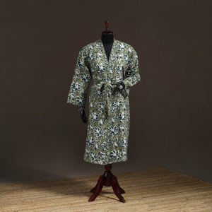 Green - Sanganeri Hand Block Print Waffle Weave Cotton Bath Robe 18