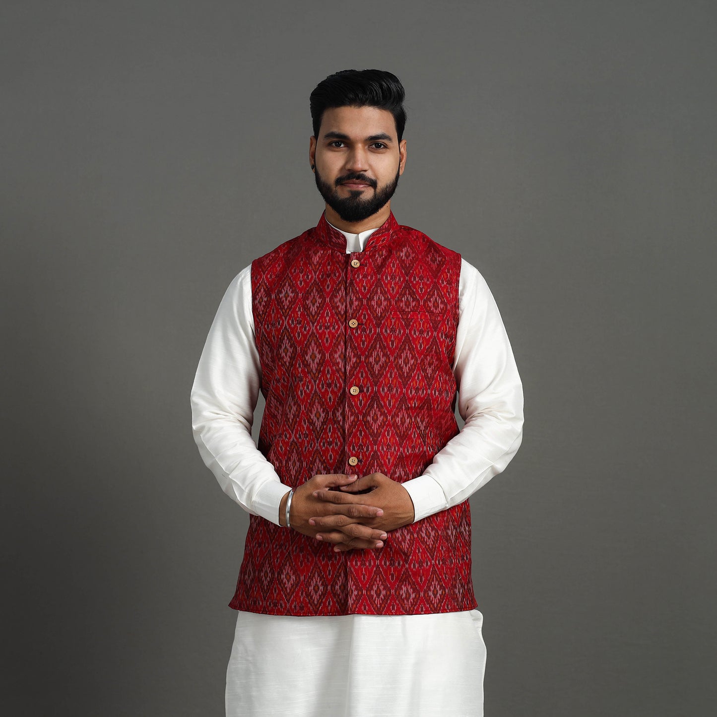 Red - Silk Cotton Handwoven Pochampally Ikat Nehru Jacket 01