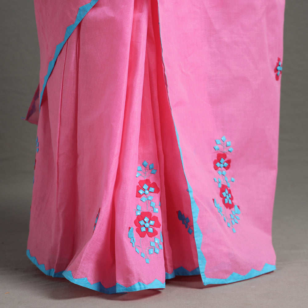 Pink - Applique Patti Kaam Pure Cotton Saree from Rampur 14