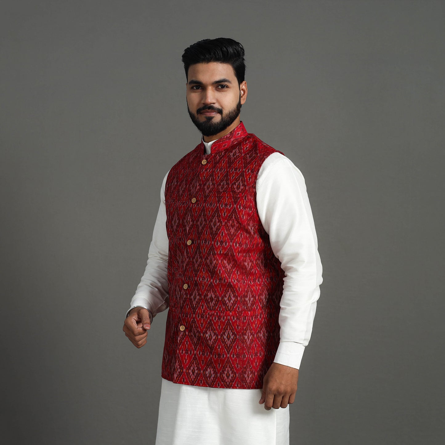 Red - Silk Cotton Handwoven Pochampally Ikat Nehru Jacket 01