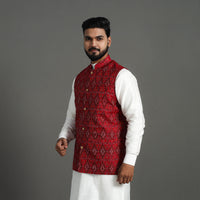 Red - Silk Cotton Handwoven Pochampally Ikat Nehru Jacket 01