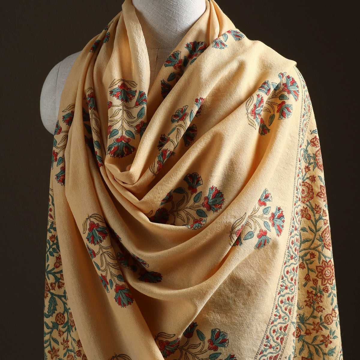 Floral Sanganeri Print Pure Merino Wool Handwoven Shawl 47