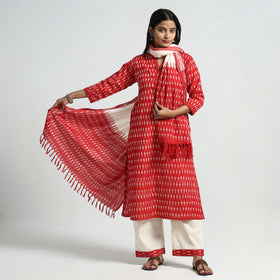 Pink - Red - Pochampally Ikat Weave Cotton Kurta with Palazzo & Dupatta Set