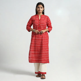 Pink - Red - Pochampally Ikat Weave Cotton Kurta with Palazzo & Dupatta Set