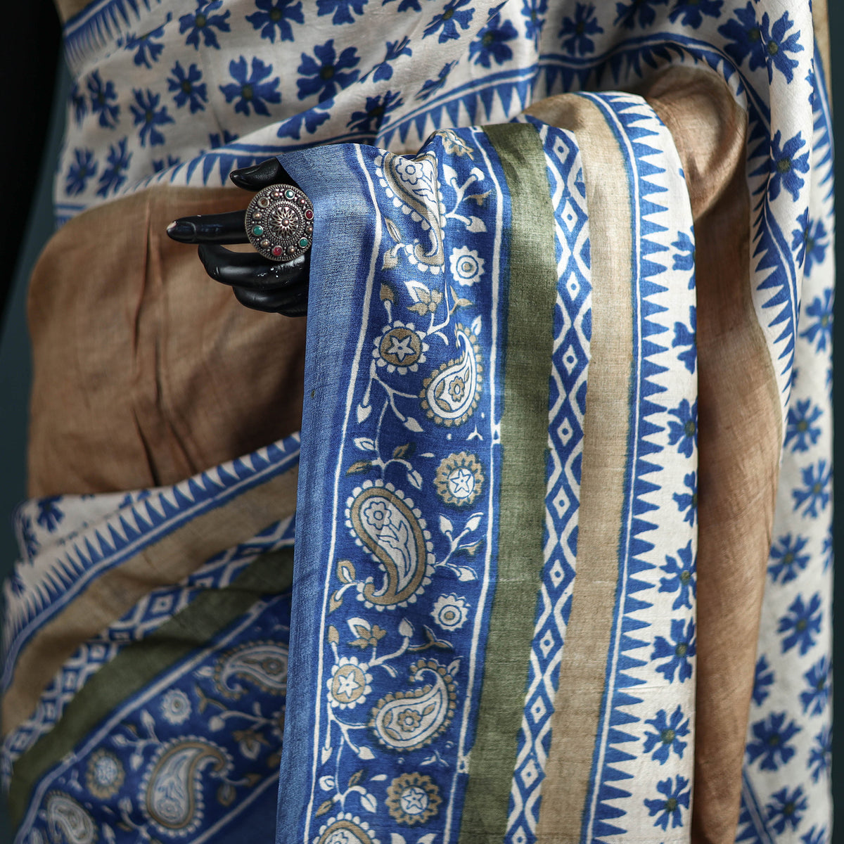 Tussar Silk Pure Handloom Saree in Bengal Hand Block Prints 01