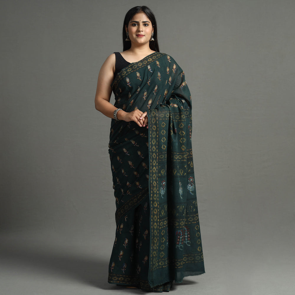 Green - Nandana Dabu Block Printed Mul Cotton Saree 13