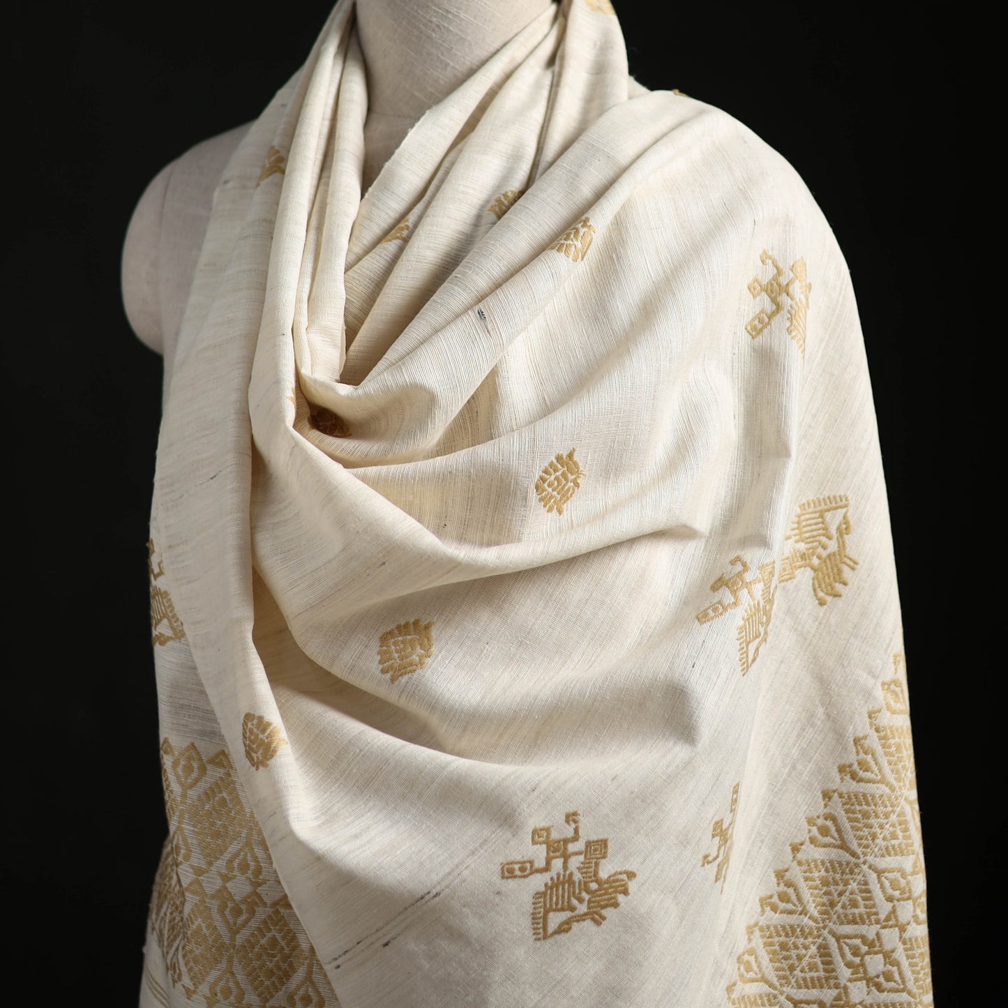 White - Handspun Handwoven Pure Eri Silk Aari Hand Embroidered Shawl of Assam 28
