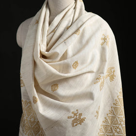 White - Handspun Handwoven Pure Eri Silk Aari Hand Embroidered Shawl of Assam 28