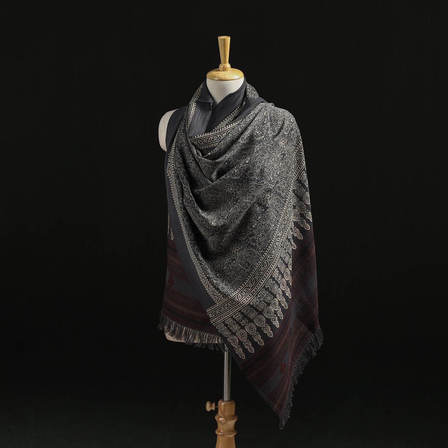 Kutch Handwoven Ajrakh Hand Block Print Merino Wool Shawl  63