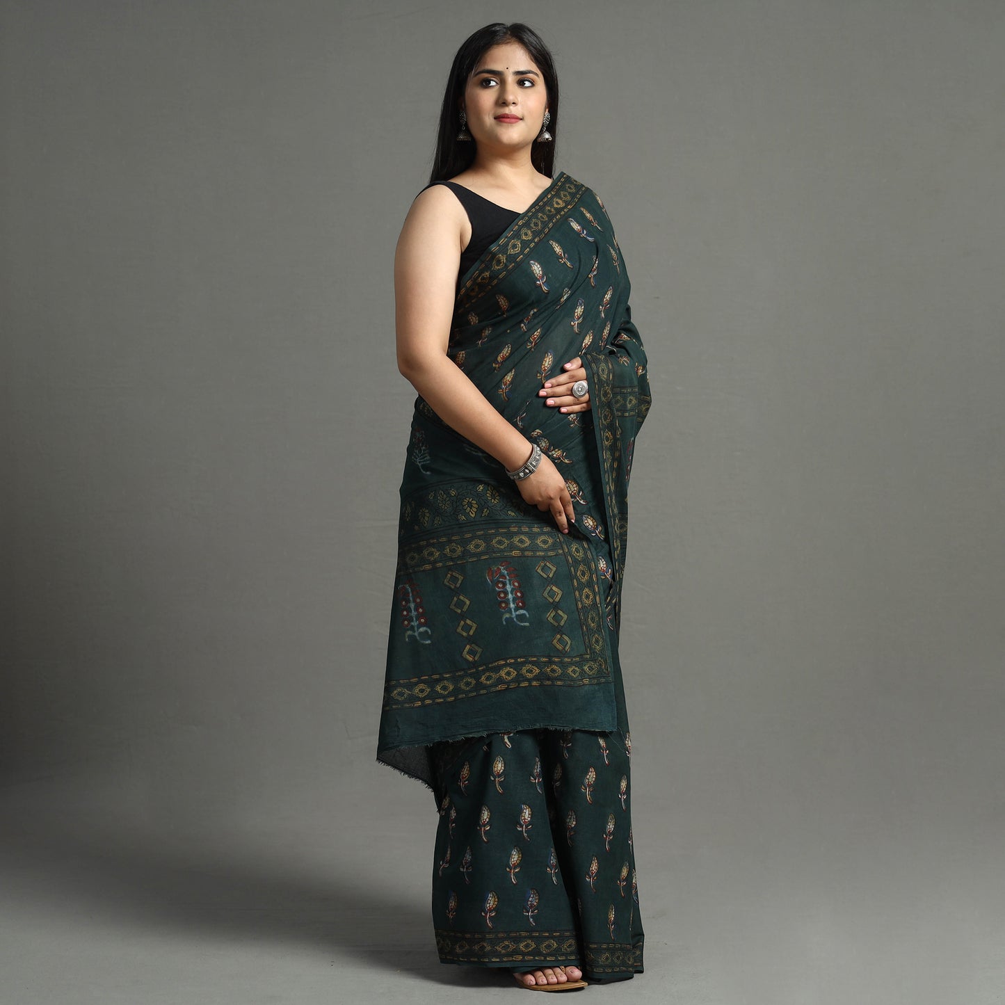 Green - Nandana Dabu Block Printed Mul Cotton Saree 13