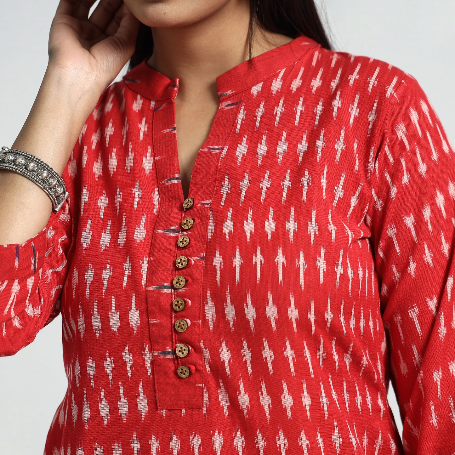 Pink - Red - Pochampally Ikat Weave Cotton Kurta with Palazzo & Dupatta Set