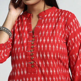Pink - Red - Pochampally Ikat Weave Cotton Kurta with Palazzo & Dupatta Set