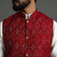 Red - Silk Cotton Handwoven Pochampally Ikat Nehru Jacket 01