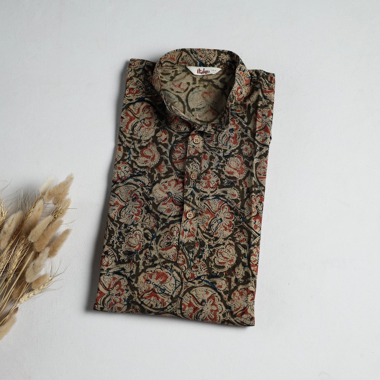 Hand Block Print Natural Dyed Cotton Long Kalamkari Kurta for Men 17