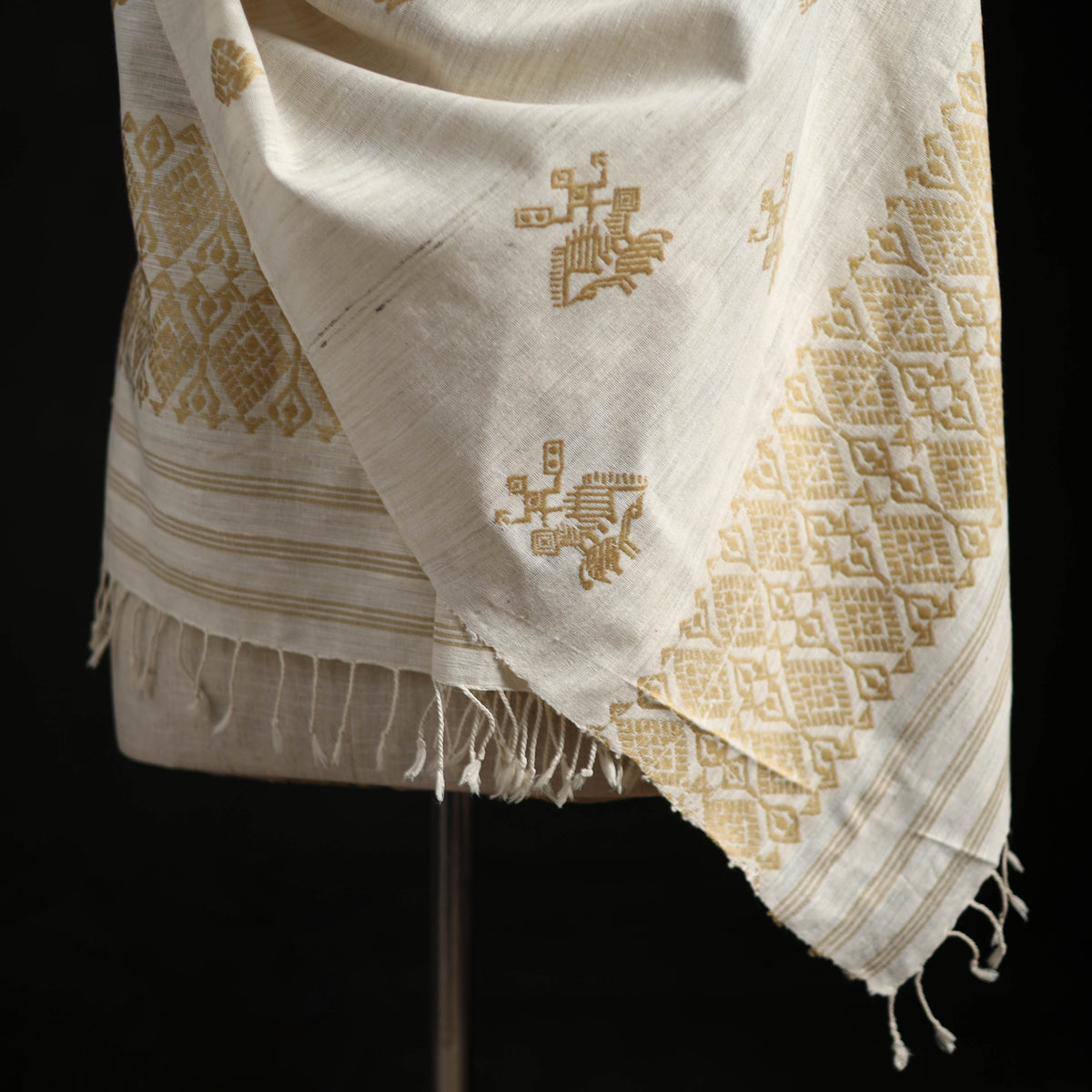 White - Handspun Handwoven Pure Eri Silk Aari Hand Embroidered Shawl of Assam 28