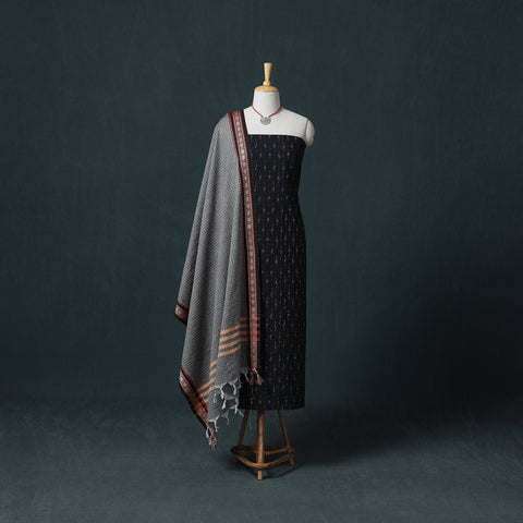Pochampally Ikat Cotton Unstitched Dress Material: Kurta & Dupatta with Jewellery 03