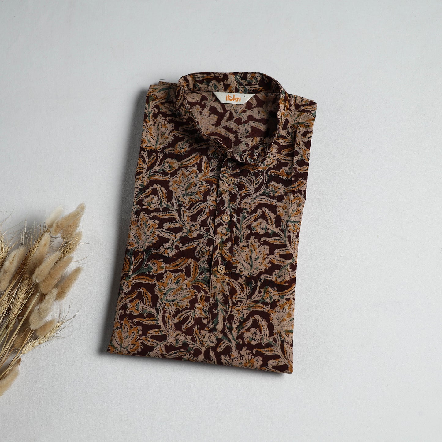 Hand Block Print Natural Dyed Cotton Long Kalamkari Kurta for Men 15