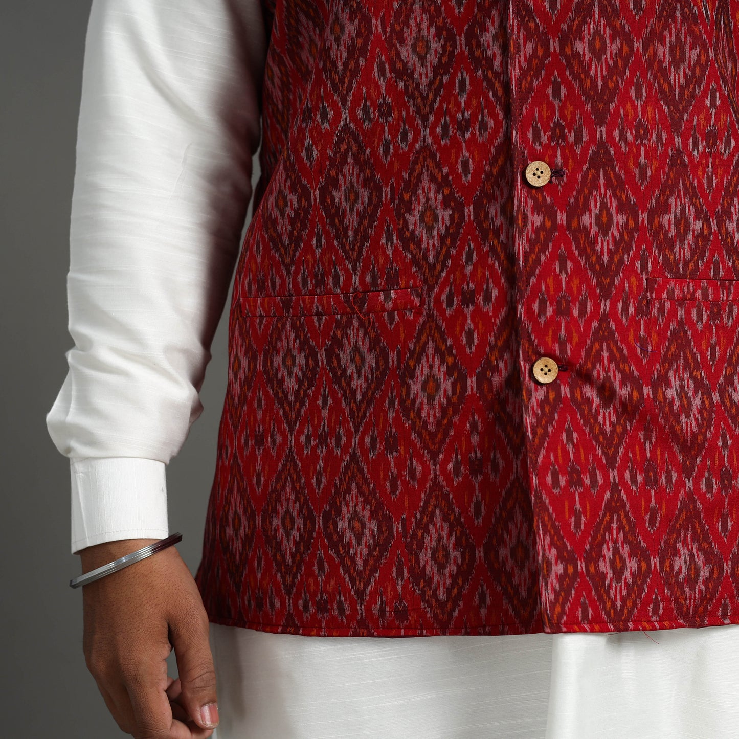 Red - Silk Cotton Handwoven Pochampally Ikat Nehru Jacket 01