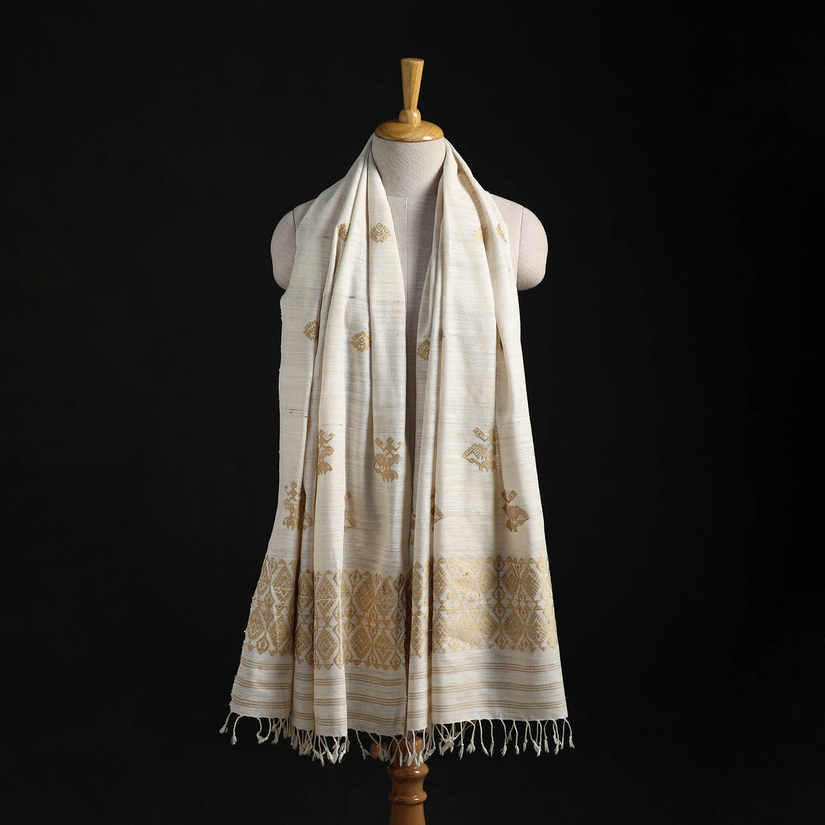 White - Handspun Handwoven Pure Eri Silk Aari Hand Embroidered Shawl of Assam 28