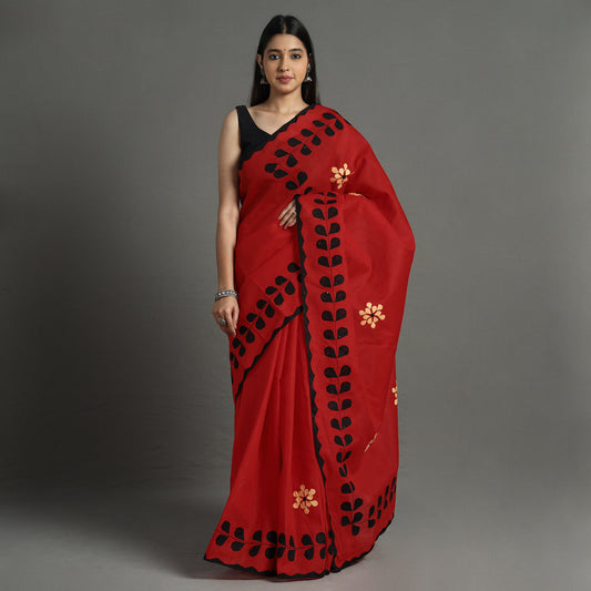 Red - Applique Patti Kaam Pure Cotton Saree from Rampur 11