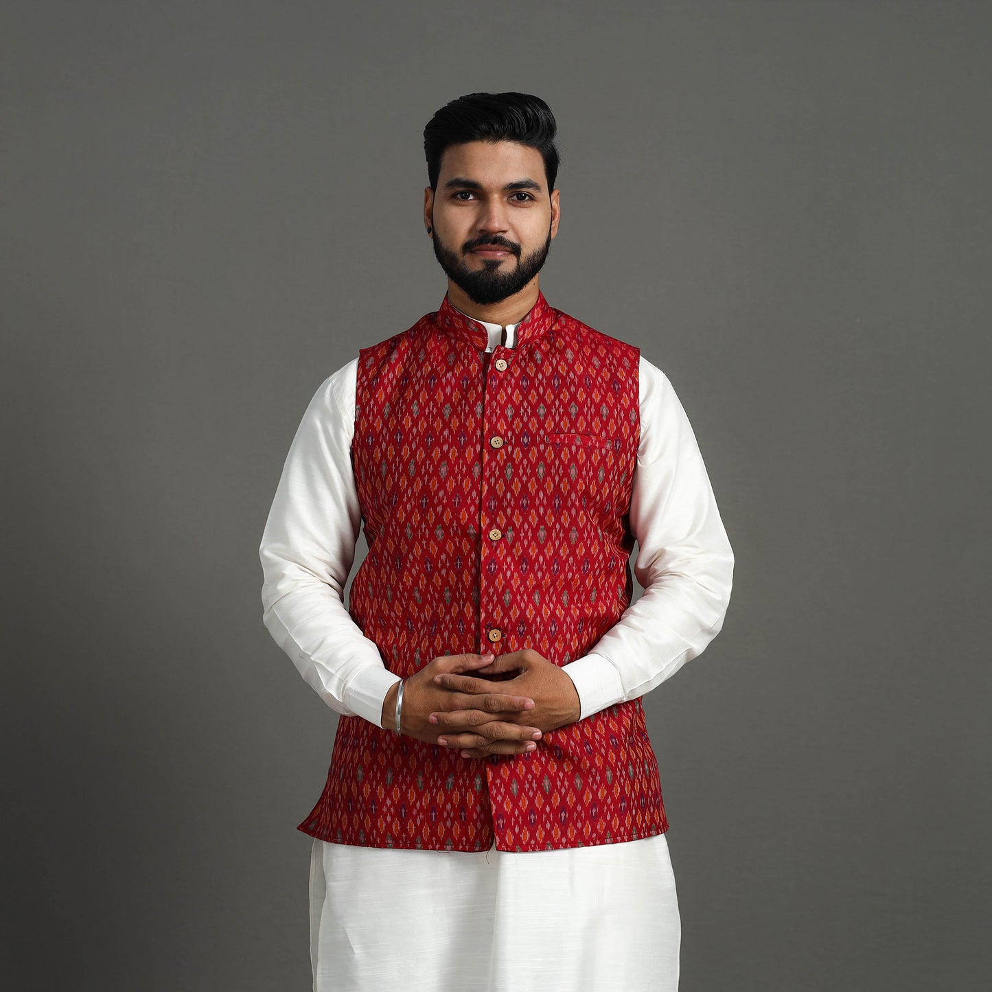 Red - Silk Cotton Handwoven Pochampally Ikat Nehru Jacket 04