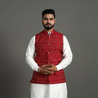 Red - Silk Cotton Handwoven Pochampally Ikat Nehru Jacket 04