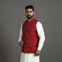 Red - Silk Cotton Handwoven Pochampally Ikat Nehru Jacket 04