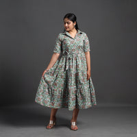 Blue - Tiered Cotton Block Print Sanganeri Dress 08